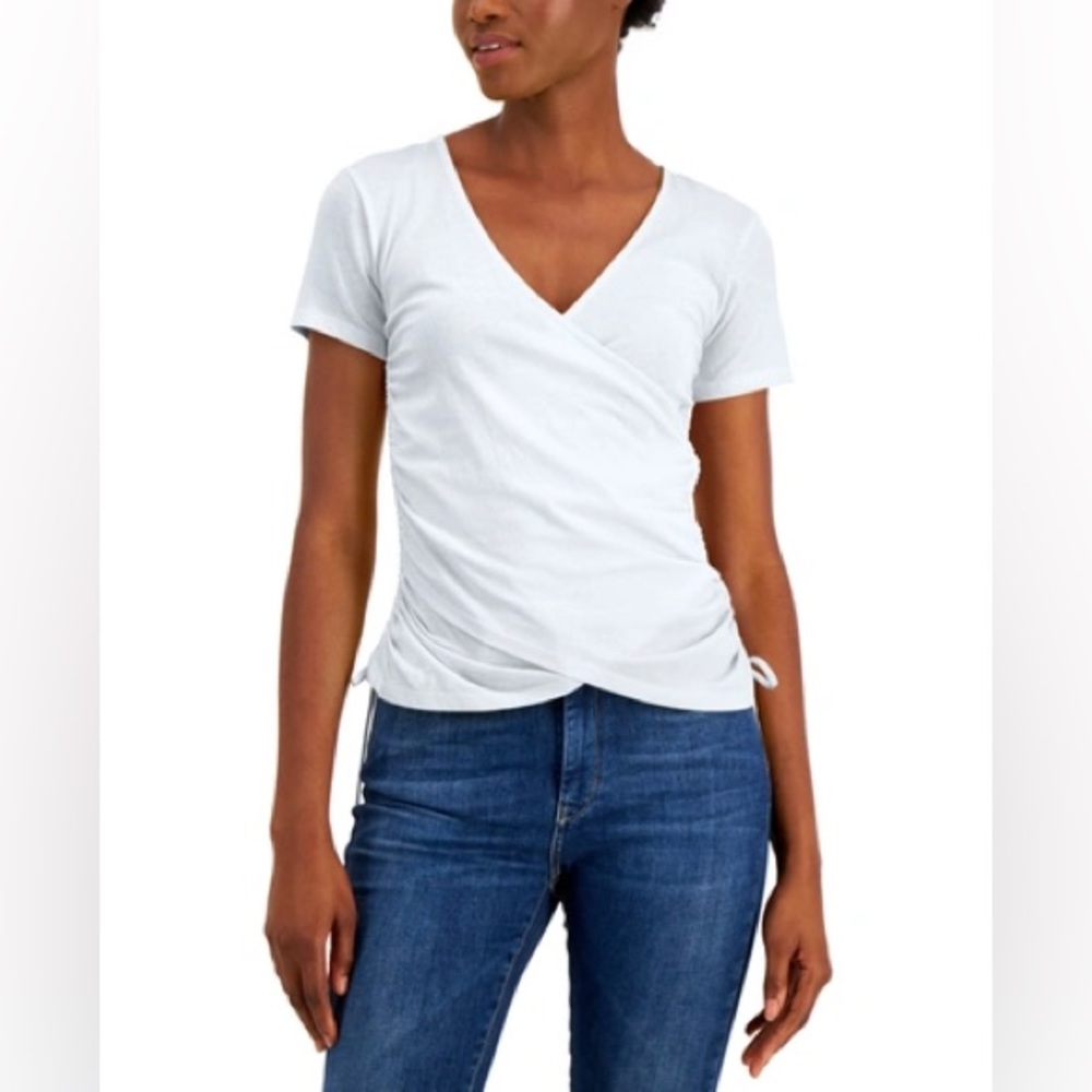 (S:NWT) $34.50|INC Cotton Surplice Side-Tie Tee, Bright White